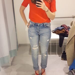 High rise straight leg distressed jeans